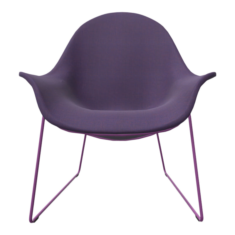 Purple chair with a textured fabric seat and slender purple metal legs, perfect for modern decor.