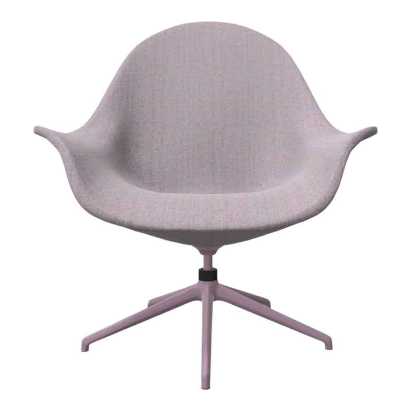 Light lavender upholstered chair with a textured fabric and soft pink metal legs. Modern and stylish design.