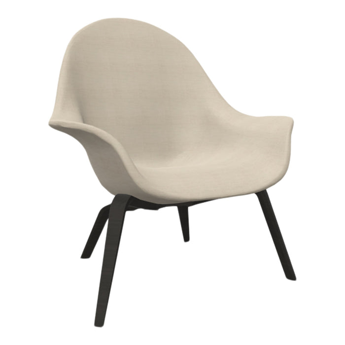 Beige upholstered chair with a sleek black wooden base, featuring a smooth, modern design.