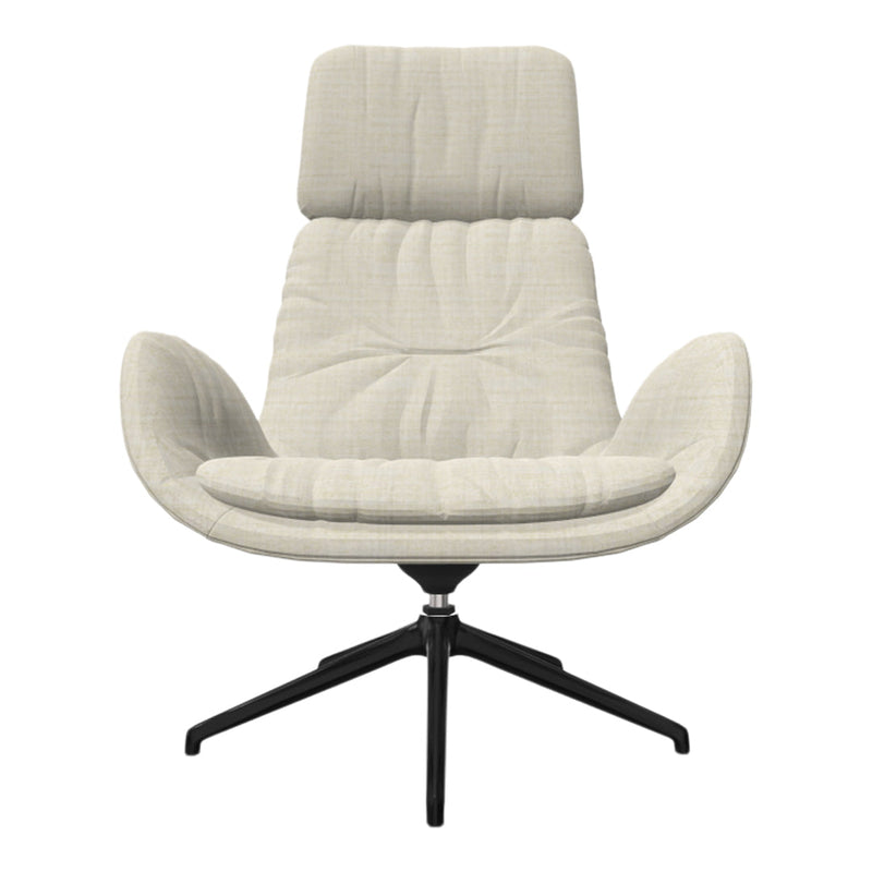Light beige upholstered chair with subtle textured pattern and sleek black metal base.