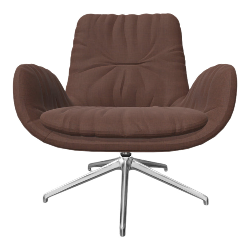 "Brown tufted armchair with a sleek chrome base, featuring a soft, textured pattern for a modern aesthetic."