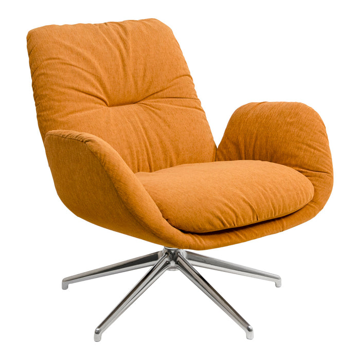 Stylish orange upholstered chair with a plush texture and sleek silver base, perfect for modern decor.