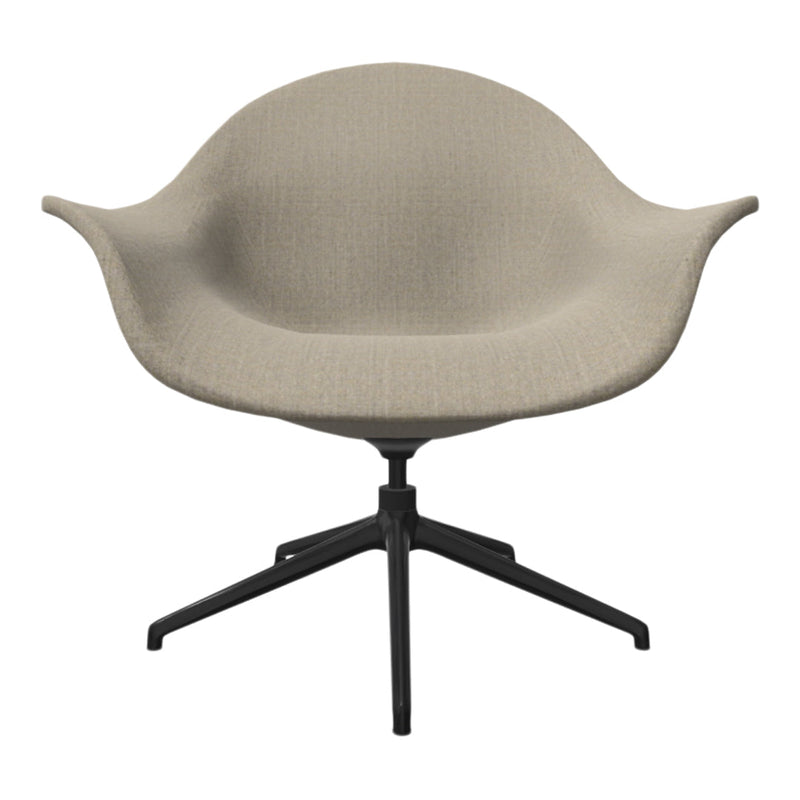 Beige textured fabric chair with a smooth, curved design and a sleek black base. Perfect for modern interiors.