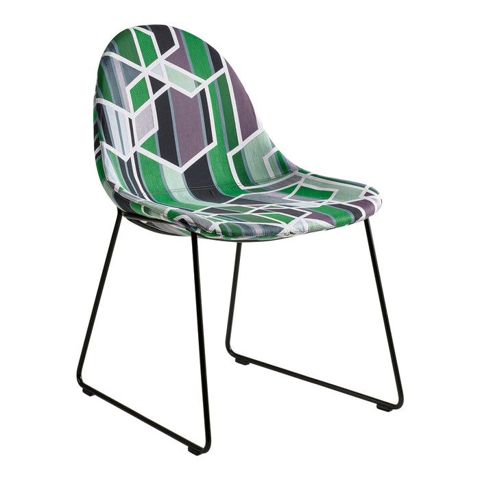 Colorful geometric chair featuring shades of green, gray, and black in a modern pattern.