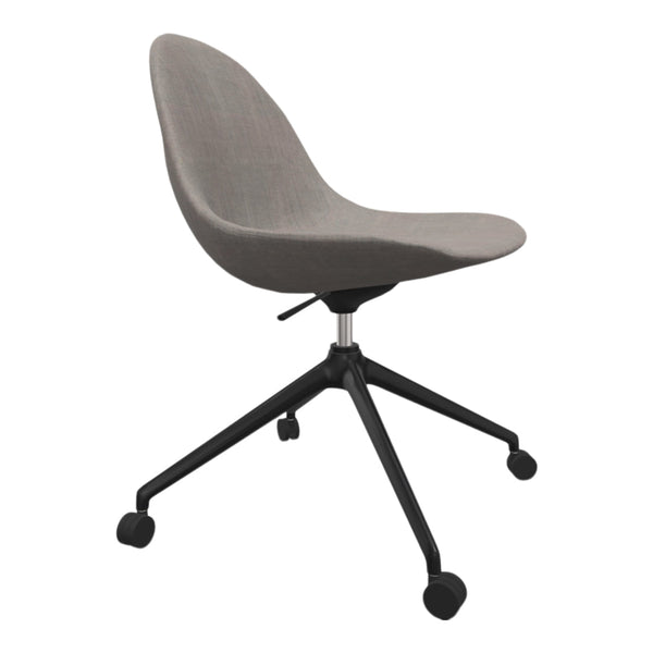 Stylish grey upholstered chair with a sleek black base and rolling wheels, perfect for modern workspaces.