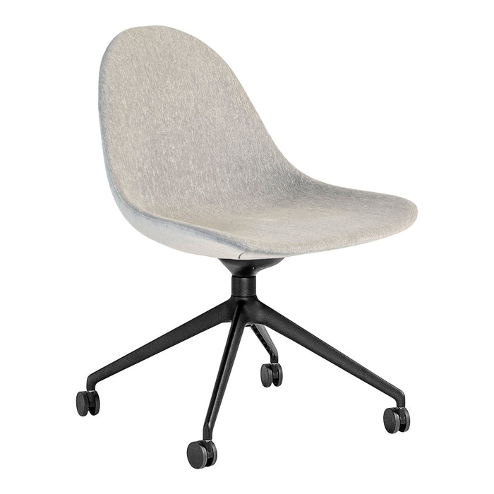Light gray upholstered chair with a smooth texture and black metal base, ideal for modern decor.
