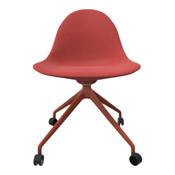 Red upholstered chair with a smooth texture and contrasting black wheels for stylish functionality.