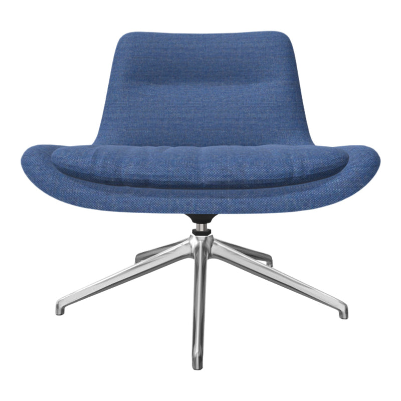 Blue upholstered chair with a smooth texture and modern silver base, showcasing a sleek and stylish design.