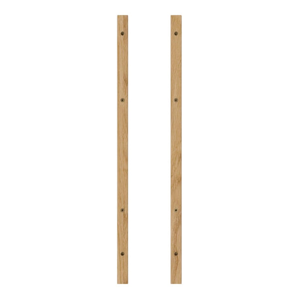 Light oak wood vertical rods with a smooth finish and minimalistic design, featuring black mounting holes.