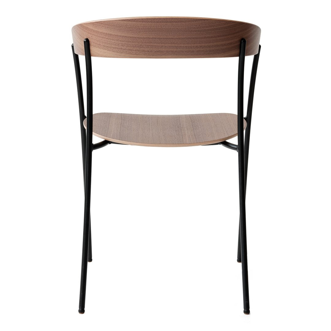 "Minimalist wooden chair with a sleek walnut finish and black metal legs, featuring a simple, modern design."
