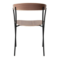 "Minimalist wooden chair with a sleek walnut finish and black metal legs, featuring a simple, modern design."