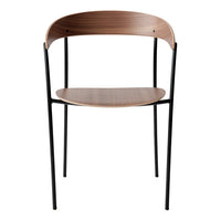 Minimalist chair with a warm wood finish and sleek black metal legs. Modern design with curved lines and smooth surfaces.