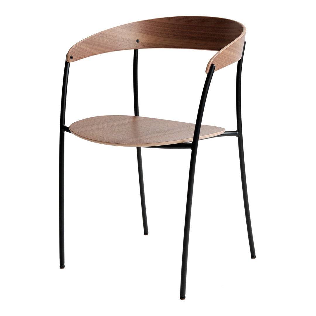 "Modern chair with a warm wood grain finish and sleek black metal legs, featuring a minimalist design."