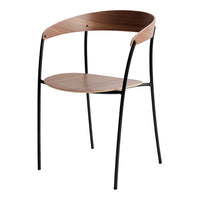 "Modern chair with a warm wood grain finish and sleek black metal legs, featuring a minimalist design."