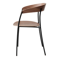 Modern chair featuring a sleek black metal frame and rich walnut wood seat with a smooth, curved design.