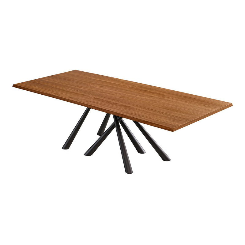 Rustic wooden table with a warm brown finish and sleek black metal legs. Simple, modern design.