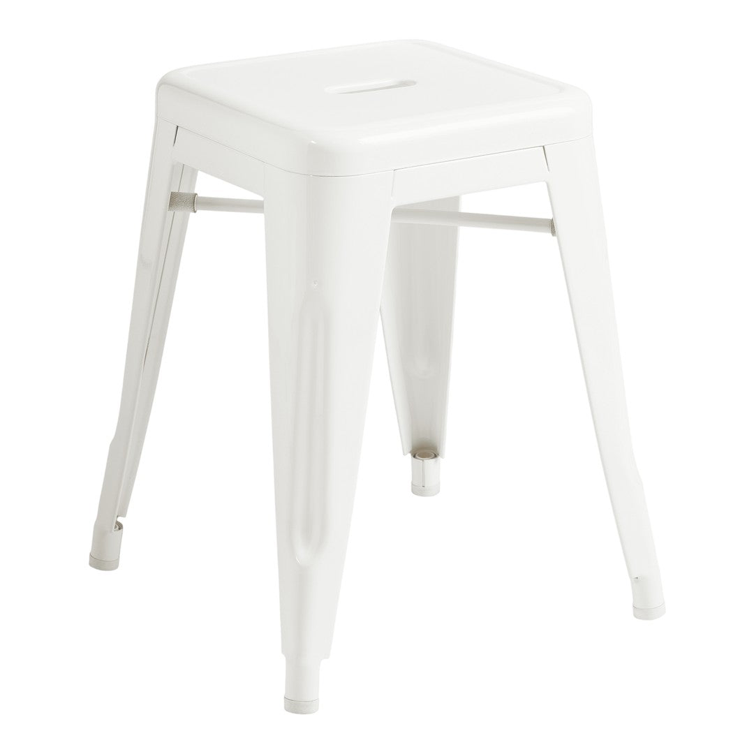 White metal stool with a sleek, minimalist design and smooth, clean lines. Ideal for modern decor.