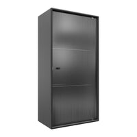 Sleek black storage cabinet with a smooth, textured finish and minimalist design. Ideal for modern spaces.