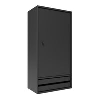 Sleek black wardrobe with a minimalist design and smooth surface, featuring a single door and two drawers.