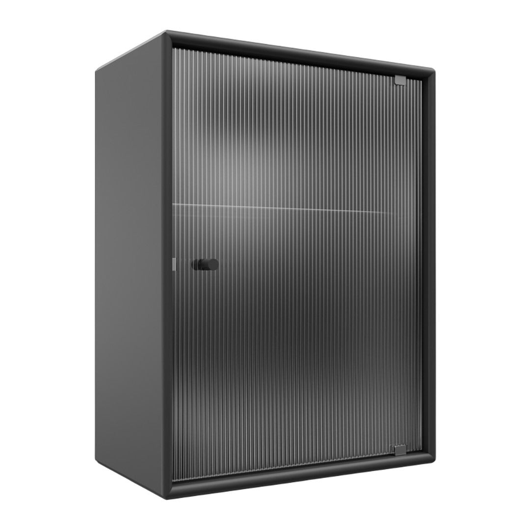 "Modern black storage cabinet with a sleek ribbed texture and minimalist design."