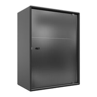"Modern black storage cabinet with a sleek ribbed texture and minimalist design."