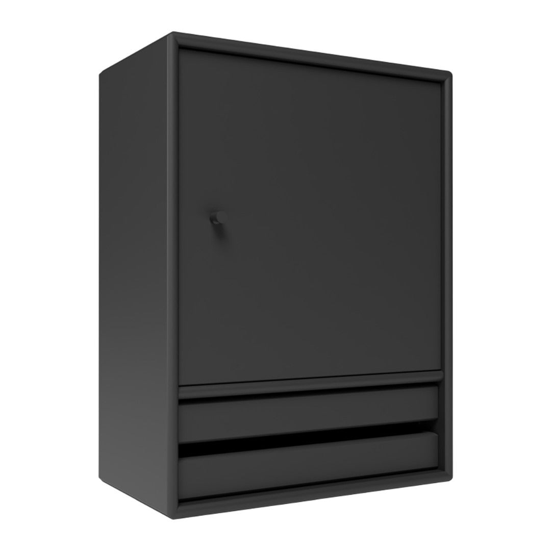 Black cabinet with a sleek, minimal design featuring a smooth surface and two pull-out drawers.