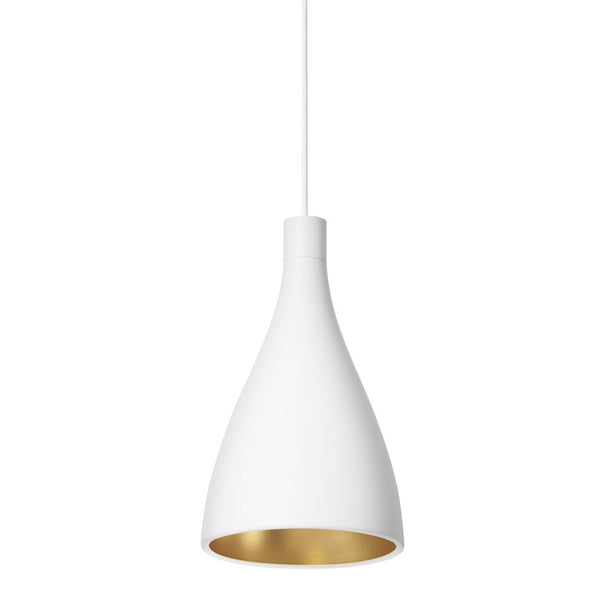 White pendant lamp with a sleek teardrop shape and a glossy gold interior. Modern design for stylish decor.