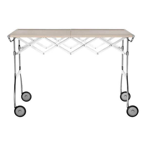 Light beige tabletop with a crisscross pattern and chrome legs on black wheels. Modern and versatile design.