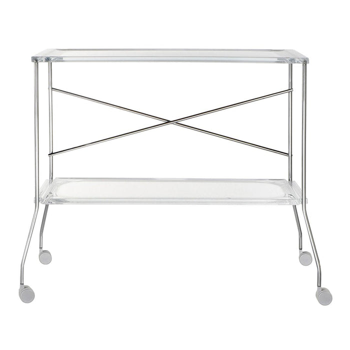 Clear acrylic serving cart with sleek silver accents and a minimalist design, featuring clean lines and modern style.