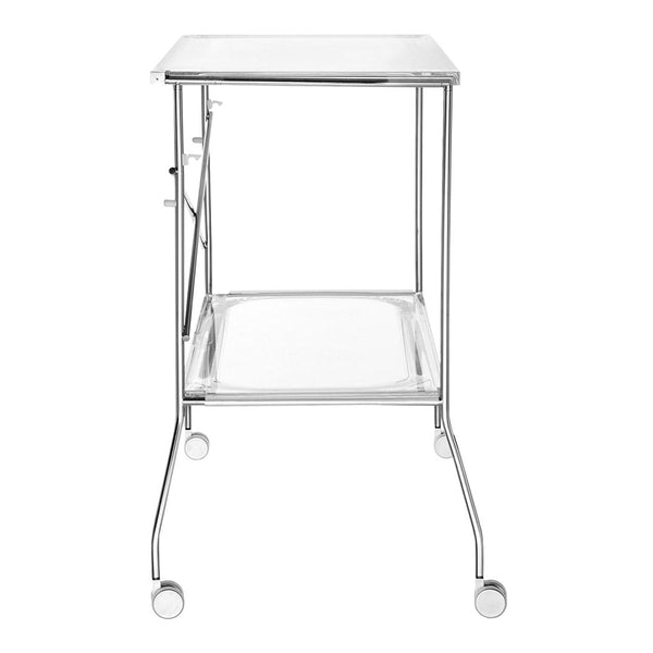 Sleek chrome rolling table with a minimalist design and smooth, reflective surface. Perfect for modern spaces.