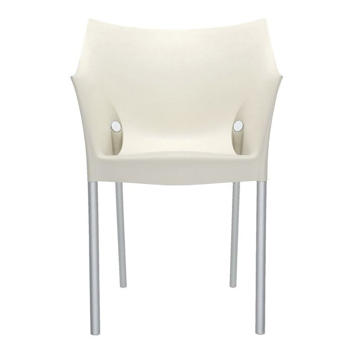 White contemporary chair with smooth finish and silver metal legs, featuring a minimalist design.