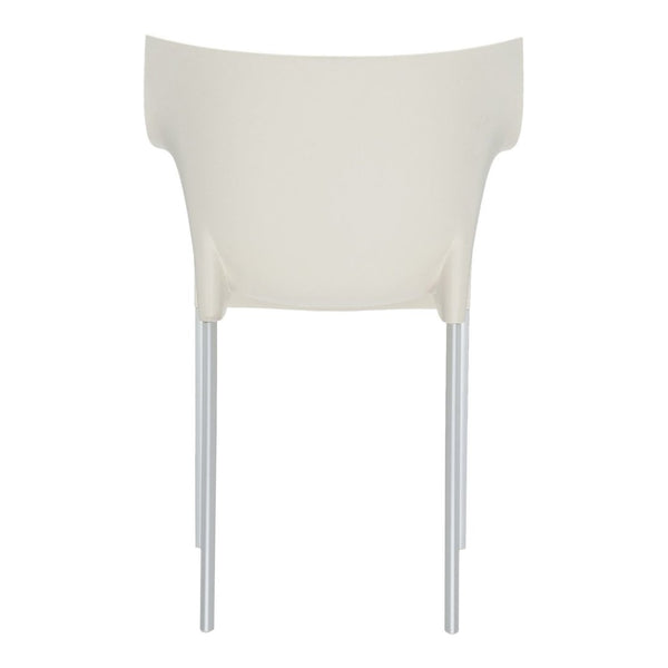 Cream-colored chair with a smooth, minimalistic design and sleek silver legs, perfect for modern decor.