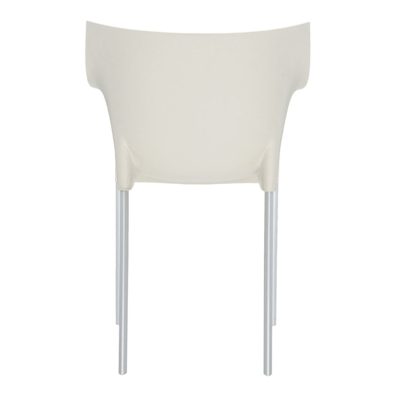 Cream-colored chair with a smooth, minimalistic design and sleek silver legs, perfect for modern decor.