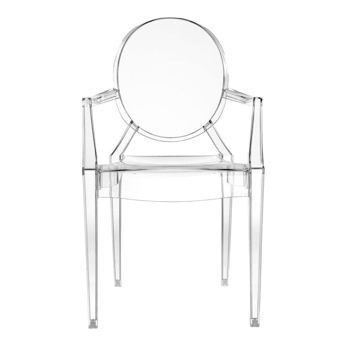 Clear acrylic chair with a round back and minimalist design, showcasing a sleek and modern transparent finish.