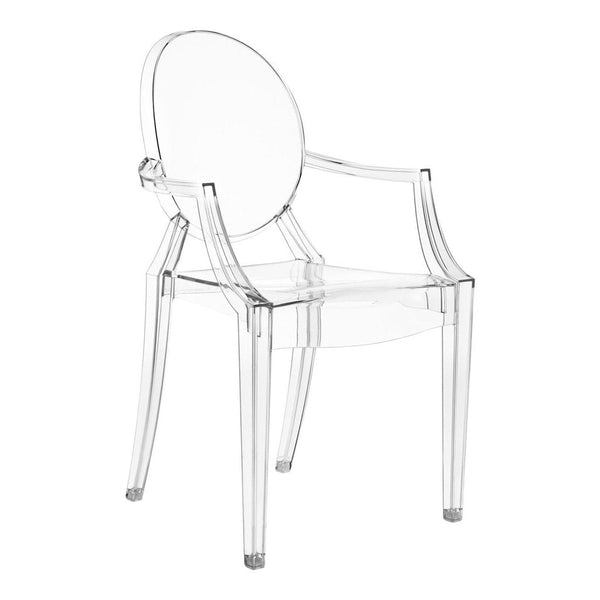 Transparent acrylic chair with a circular back, minimalist design, and sleek lines, perfect for modern decor.