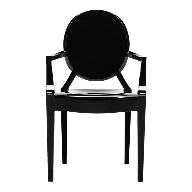 Elegant black chair with a sleek circular back and smooth, glossy finish, perfect for modern decor.