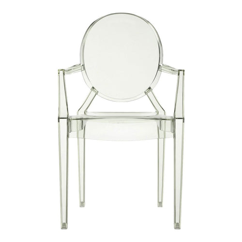 Clear acrylic chair with a round backrest and transparent design, perfect for a modern decor aesthetic.