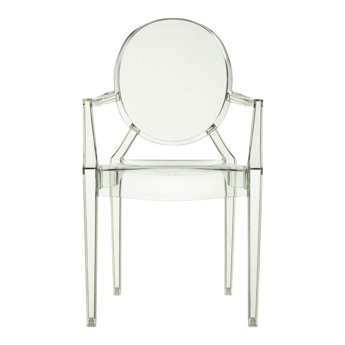 Clear acrylic chair with a round backrest and transparent design, perfect for a modern decor aesthetic.