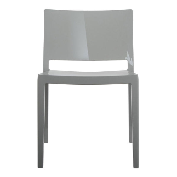 Sleek gray chair with a glossy finish, featuring a minimalist design and clean lines. Perfect for modern decor.