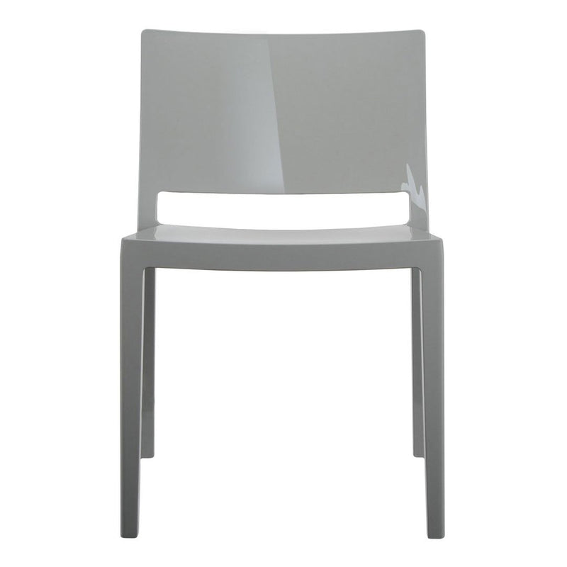 Sleek gray chair with a glossy finish, featuring a minimalist design and clean lines. Perfect for modern decor.
