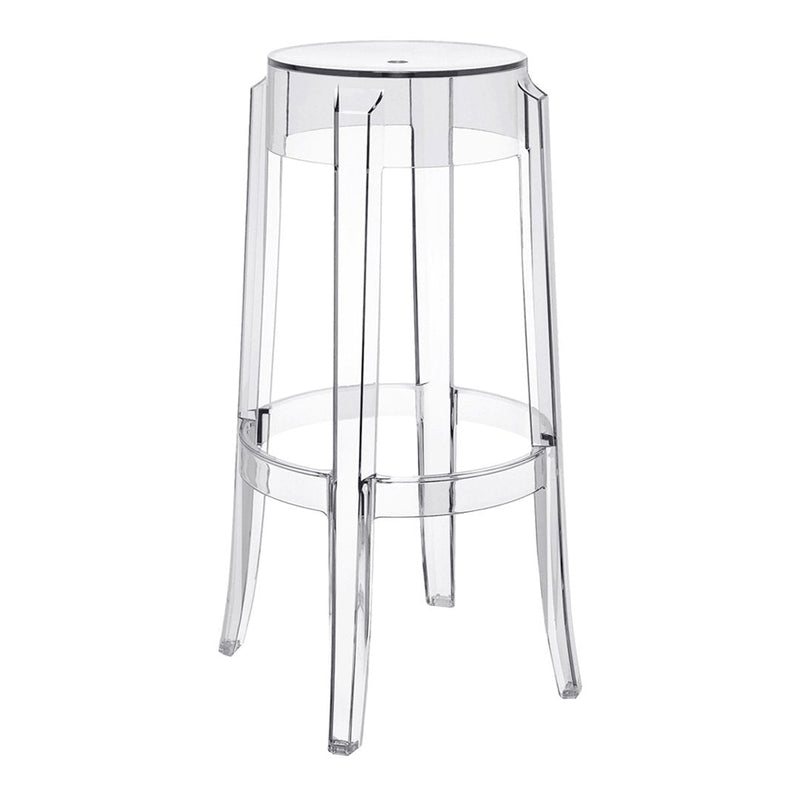 Clear acrylic bar stool with a minimalist design and transparent finish, showcasing modern style and elegance.
