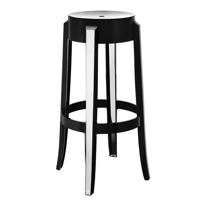 Black bar stool with a sleek, shiny chrome accent. Minimalist design features smooth surfaces and clean lines.