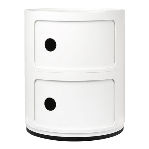 White round storage cabinet with two drawers and black circular knobs, modern minimalist design.