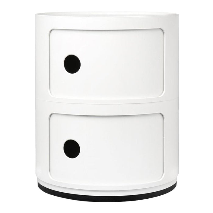 White round storage cabinet with two drawers and black circular knobs, modern minimalist design.