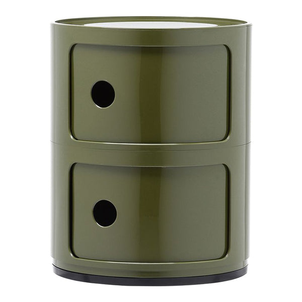 Glossy olive green cylindrical cabinet with two compartments and black circular accents.