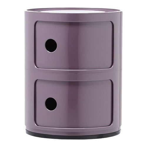 Purple round storage unit with glossy finish and two round cut-out handles. Elegant and modern design for any space.