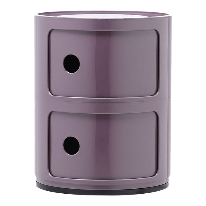Purple round storage unit with glossy finish and two round cut-out handles. Elegant and modern design for any space.