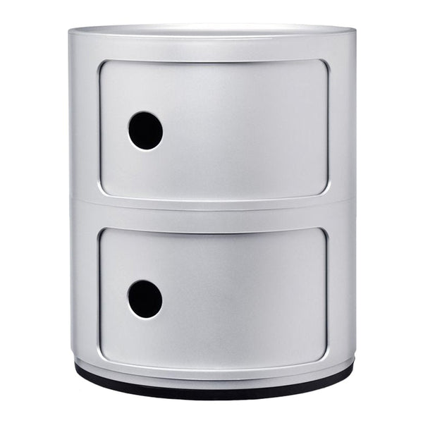 Silver round storage unit with two drawers and black base, featuring minimalistic design and smooth finish.