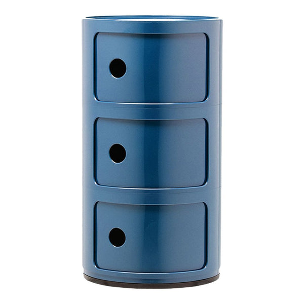 Blue cylindrical storage unit with three drawers and circular cutouts, featuring a sleek, modern design.
