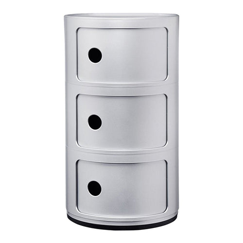 Silver three-drawer storage unit with sleek glossy finish and round cut-out handles. Modern, minimalist design.